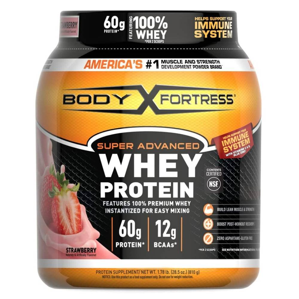 Body Fortress Super Advanced Whey Protein Powder Strawberry, 28.5 OZ
