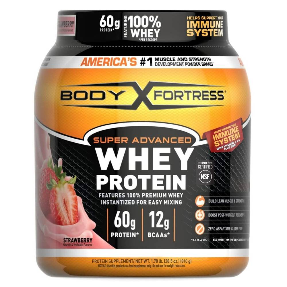 Body Fortress Super Advanced Whey Protein Powder Strawberry, 28.5 Oz