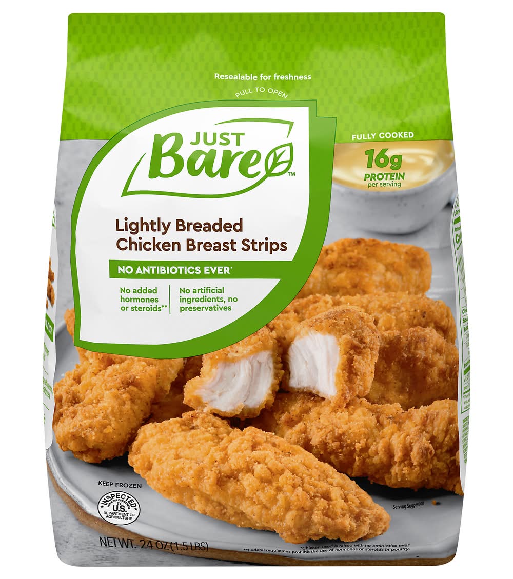 Just Bare Lightly Breaded Fully Cooked Chicken Breast Strips, Original (24 oz)