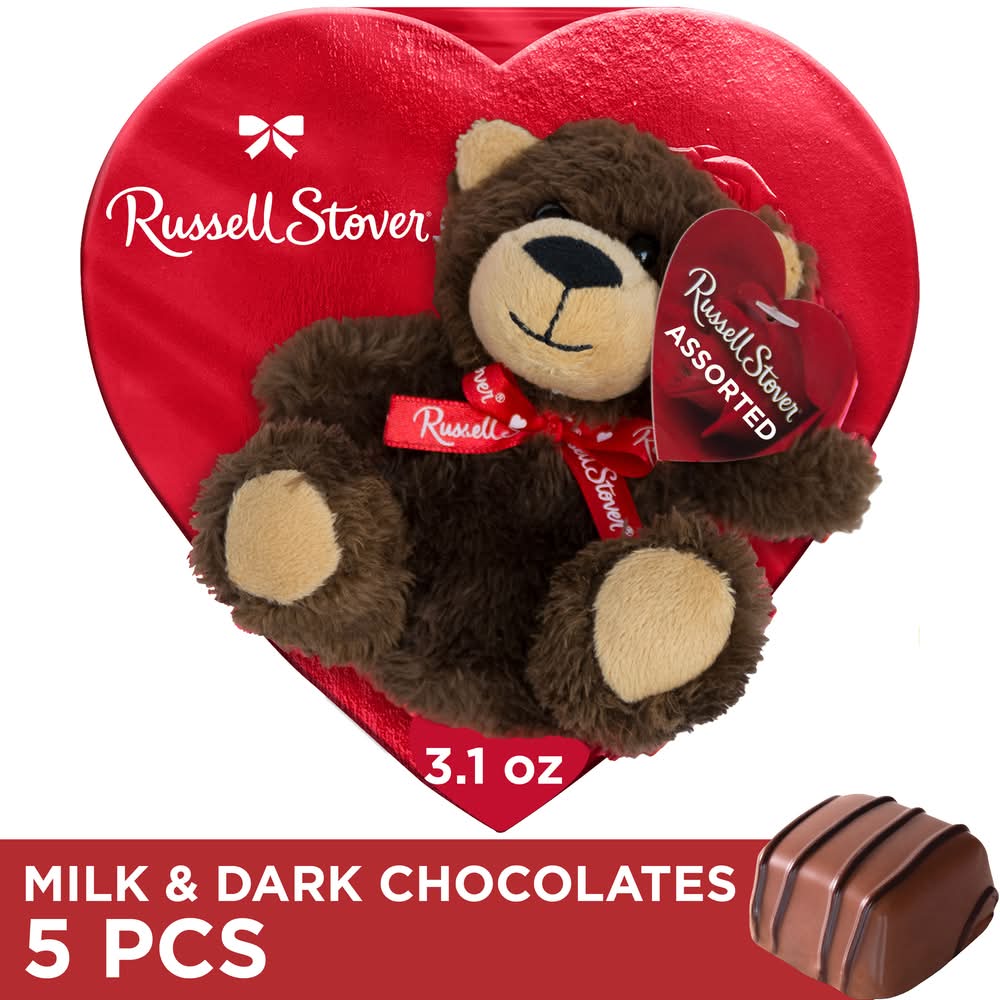 Russell Stover Heart Box Chocolates With Toy Bear, Caramel-Strawberry Creme-Nut Caramel-Vanilla Caramel (2.18 lbs, 5 ct)
