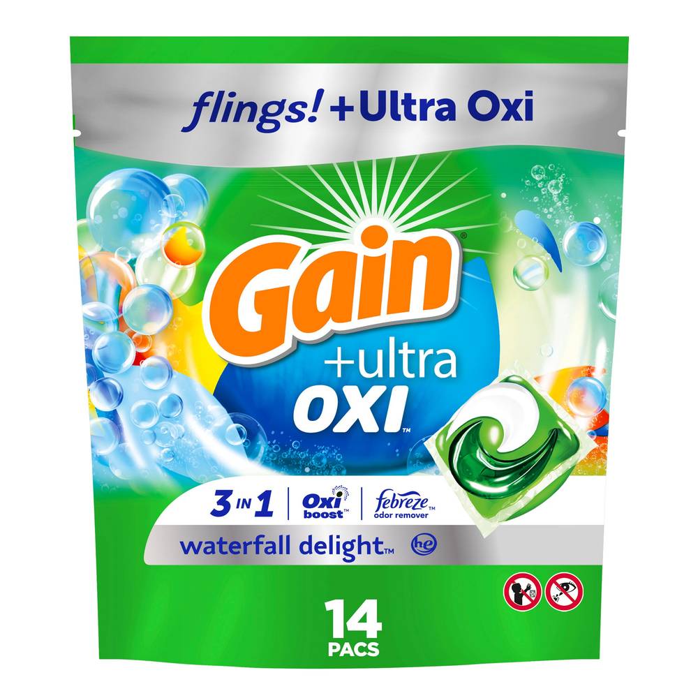 Gain 3-In-1 Flings Ultra Oxi Laundry Detergent Pacs, Waterfall Delight