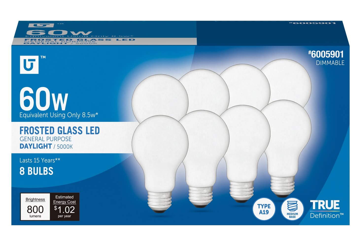 Utilitech 60 -Watt EQ A19 Daylight Medium screw base E26 Dimmable LED General purpose Light Bulb 8 -Pack