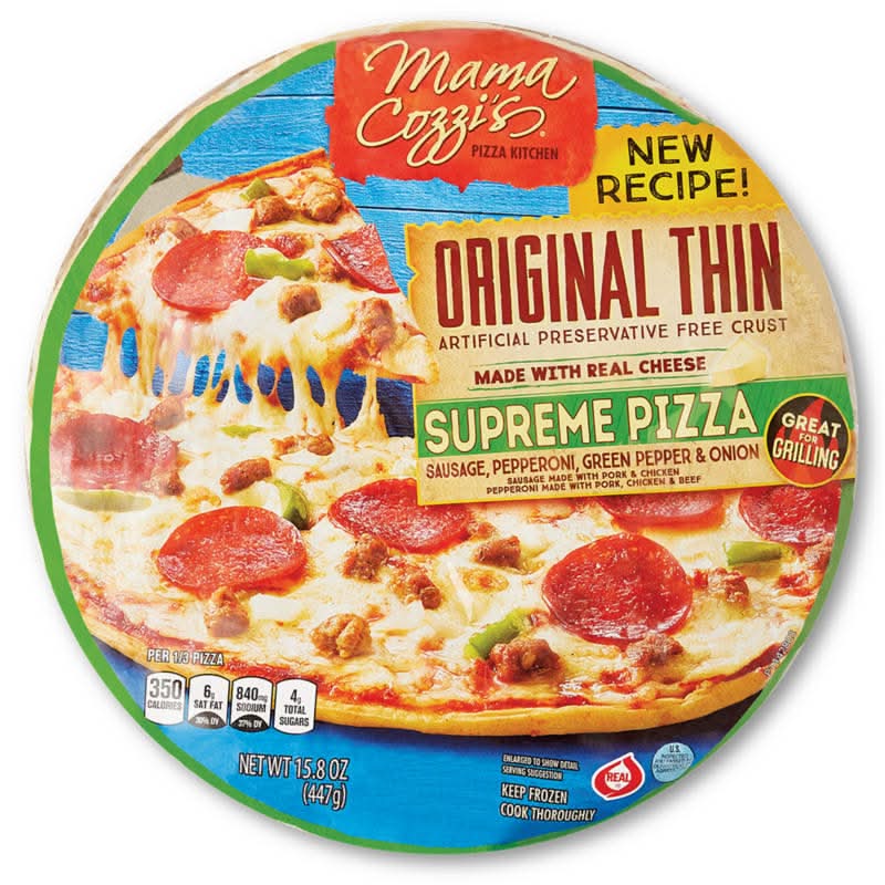 Mama Cozzi's Pizza Kitchen Original Thin Crust Supreme Pizza, Sauage Pepperoni Green Pepper & Onion (15.8 oz)
