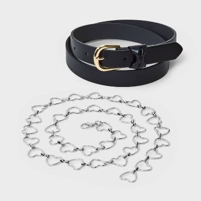 Art Class Girls' Bow and Heart Chain Belt, XL, Black/Silver (2 ct)