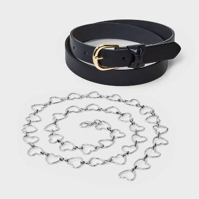 Girls' 2pk Bow and Heart Chain Belt - art class™ Black/Silver XL: Adjustable Strap, Skinny Style