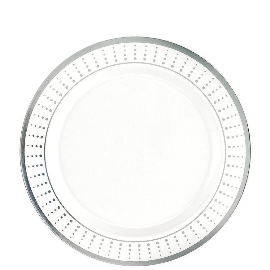 White With Silver Radiating Dot Patterned Rim Premium Plastic Dessert Plates, 7.5in, 20ct