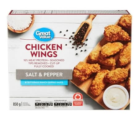 Great Value Fully Cooked Tip Removed Cut Up Chicken Wings, Salt & Pepper (850 g)