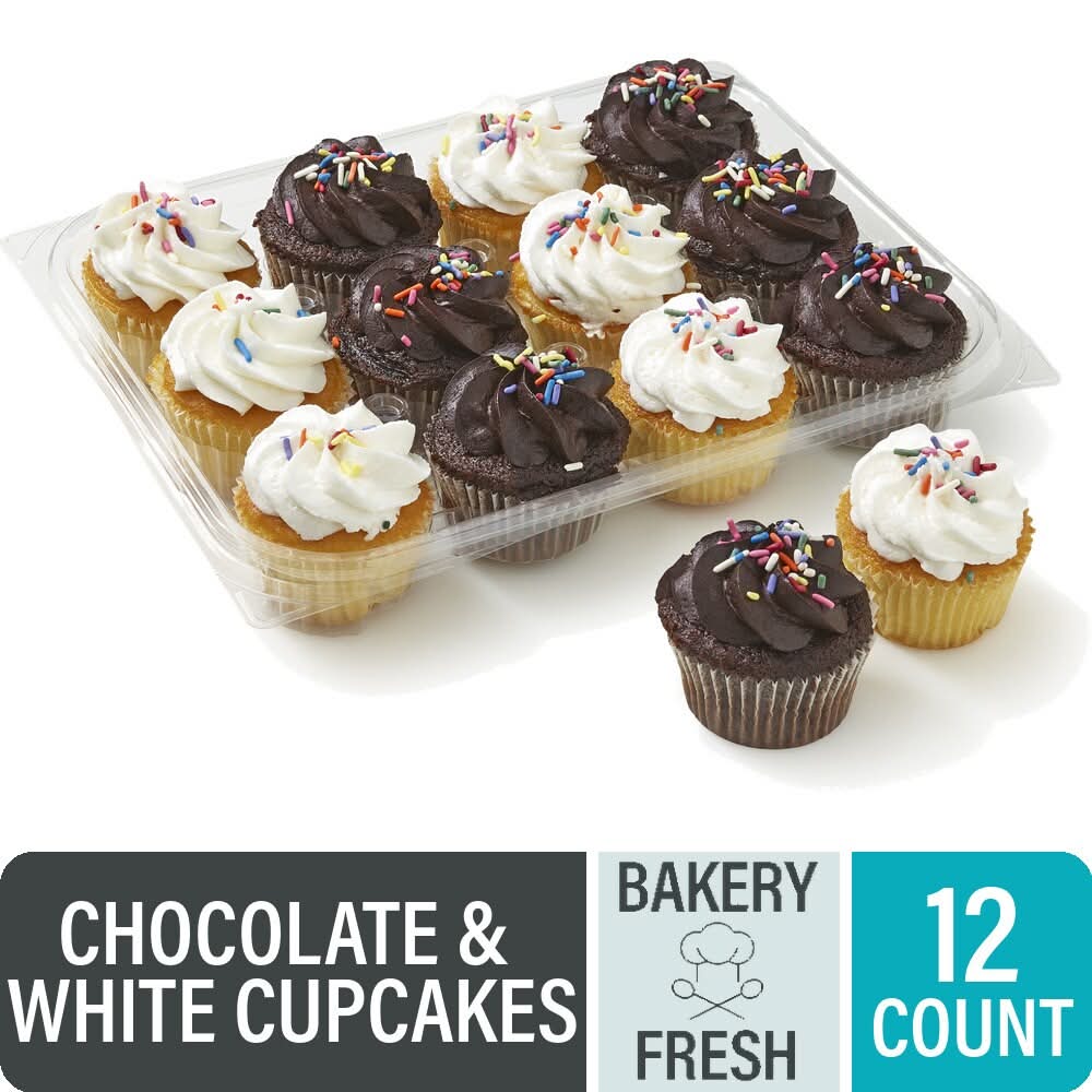 Bakery Fresh Chocolate and White Cupcakes with Buttercreme Icing