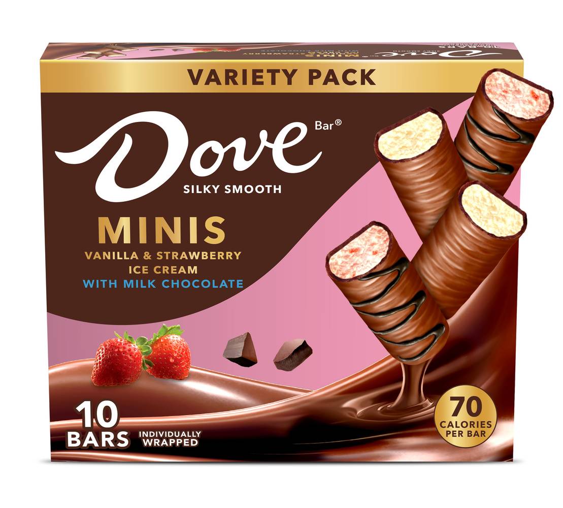 Dove Chocolate Mini Milk Chocolate Ice Cream Bars, Vanilla & Strawberry (7.5 fl oz, 10 ct)