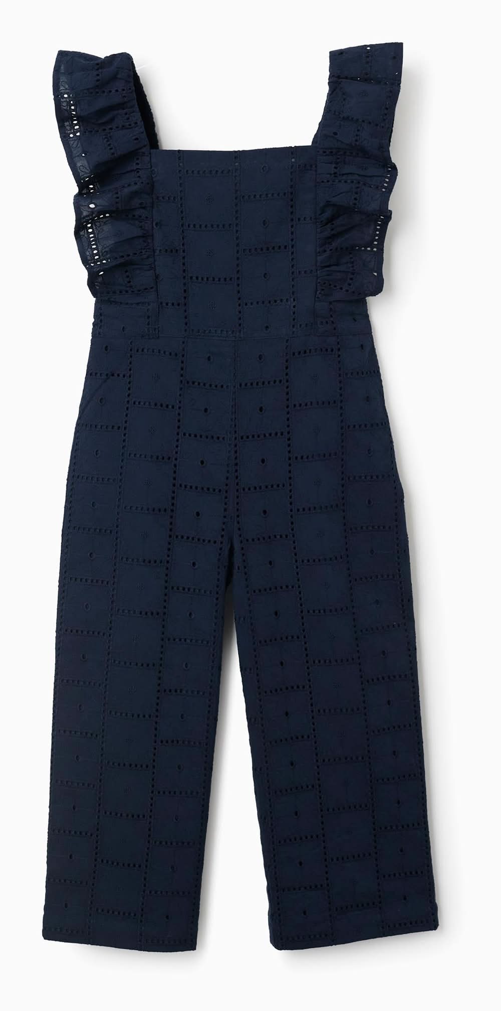 Macacão De Algodão Com Bordado Inglês E Folhos Para Menina, Azul-Escuro (Azul Escuro - 5/6)