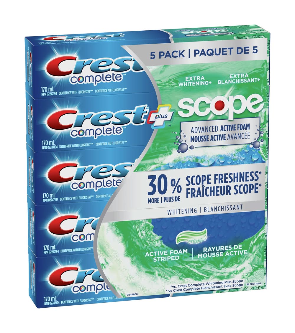 Dentifrice À Mousse Active Crest Complete Avancé Avec Scope 170 Ml, Paquet De 5 Unites / Crest Complete Plus Scope Advanced Active Foam Toothpaste 170Ml (Pack Of 5)