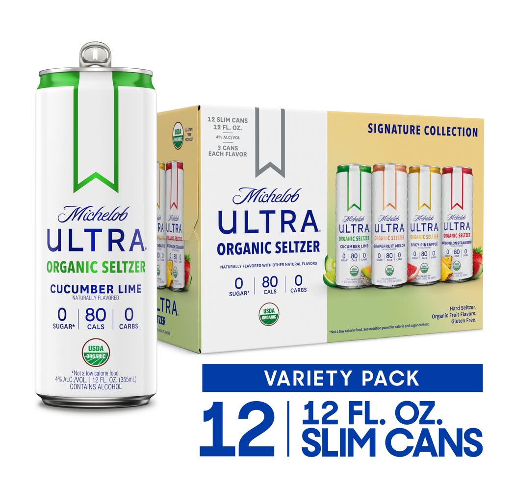Michelob Signature Collection Organic Hard Seltzer, Cumber Lime-Grapefruit Melon-Spicy Pineapple-Watermelon Strawberry (12 x 12 fl oz)
