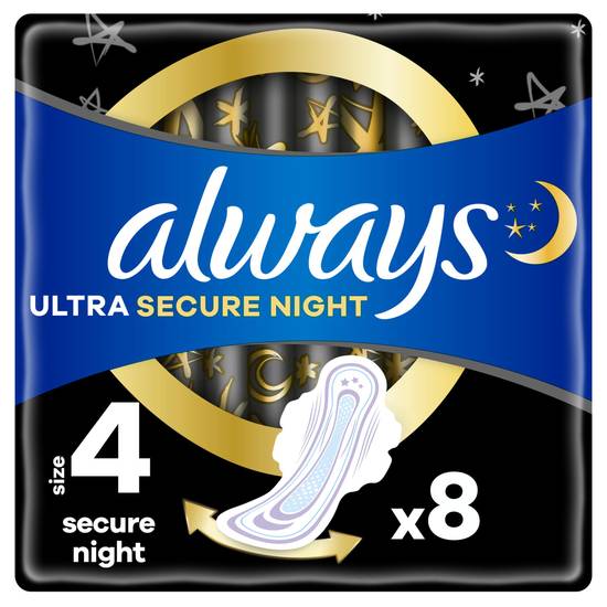 Always Ultra Sanitary Towels Secure Night Wings Size 4 Pads x8