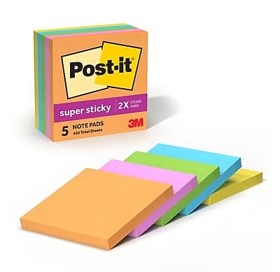 Post-it Super Sticky Notes, 3 x 3, Energy Boost Collection, 90 Sheet/Pad, 5 Pads/Pack (654-5SSUC)