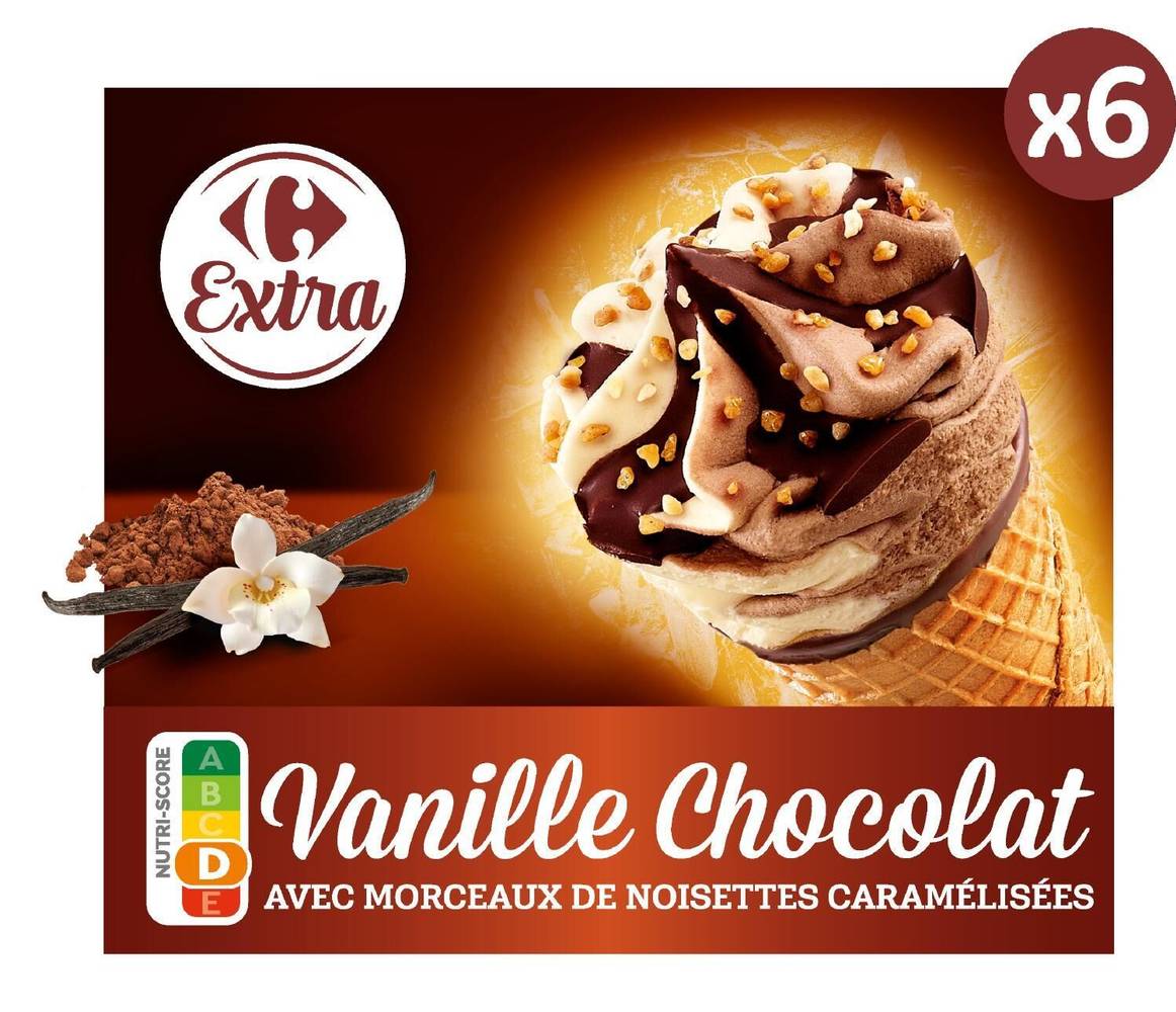 Carrefour Extra - Glace cône vanille chocolat (6 pièces)