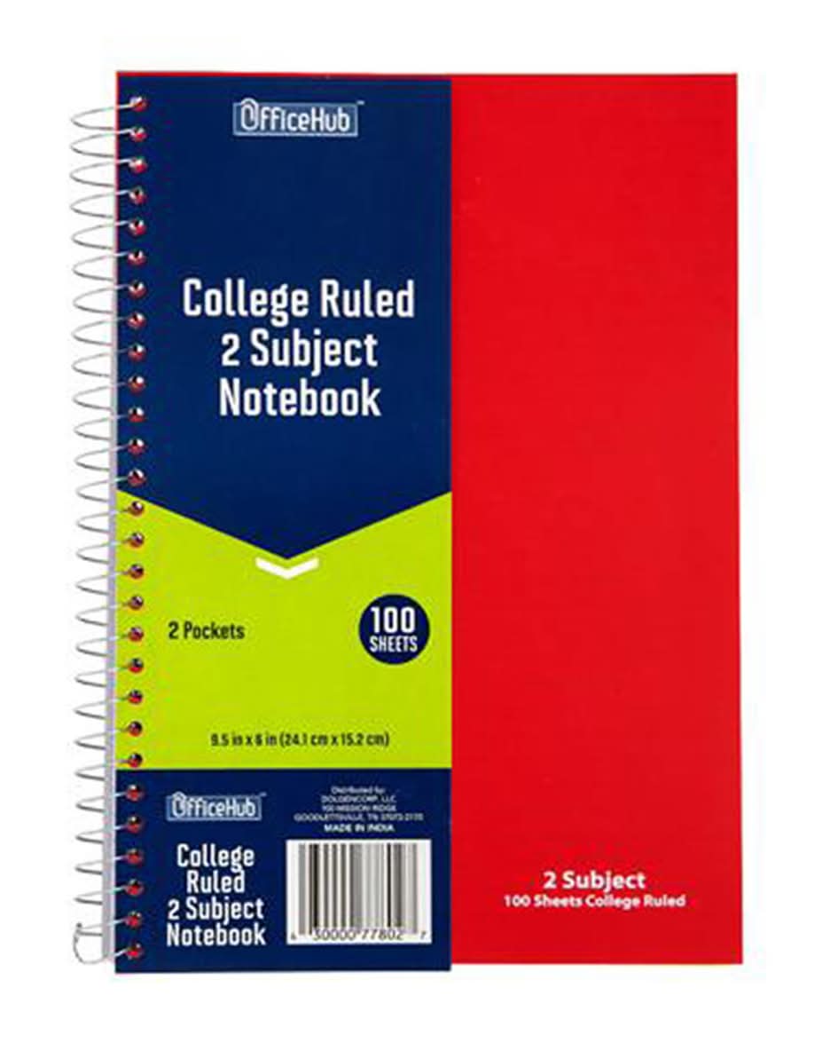 Office Hub College Ruled Subject Notebook 100 Sheets, 9.5x6 in, Red