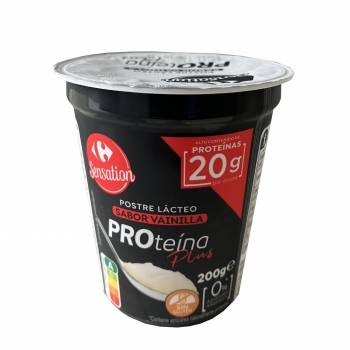 Postre lácteo sabor vainilla Proteína Plus Sensation Carrefour sin gluten y sin azúcar añadido 200 g.