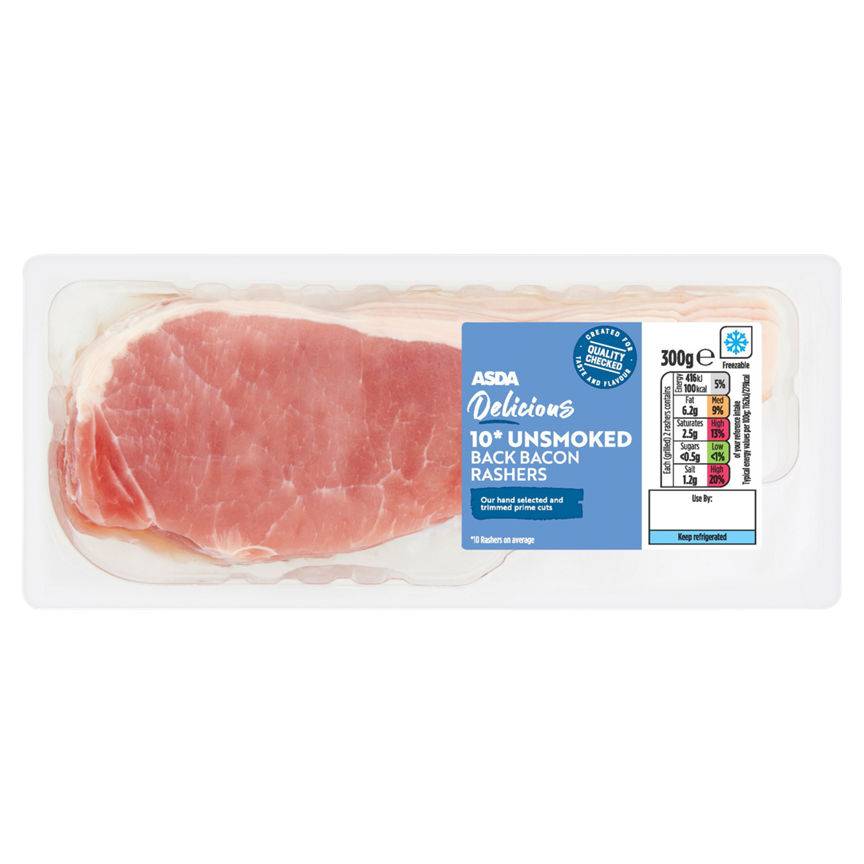 Asda Delicious 10 Unsmoked Back Bacon Rashers 300g