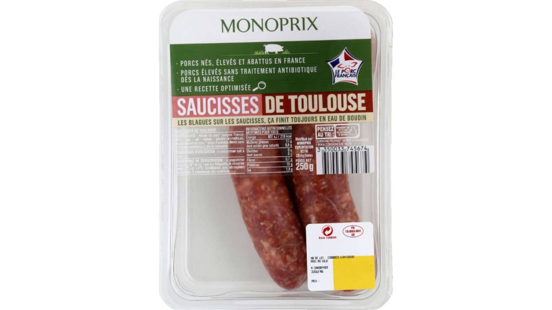Monoprix - Saucisses de Toulouse de porc élevé sans traitement antibiotique