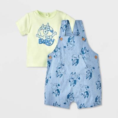 Baby Boys' 2pc Bluey Chambray Short Sleeve Overalls T-Shirt Set - Blue/Green 6-9M