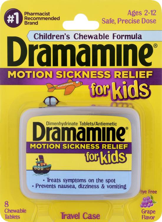 Dramamine Grape Flavor Motion Sickness Relief Chewable Tablets For Kids (8 ct)