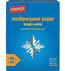 Staples 8.5 x 11 Multipurpose Paper, 22 lbs., 98 Brightness, 500/Ream (22098)