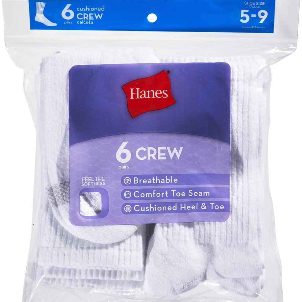 Hanes Women'S Cushion Crew White Socks Size 5-9, 6 Ct