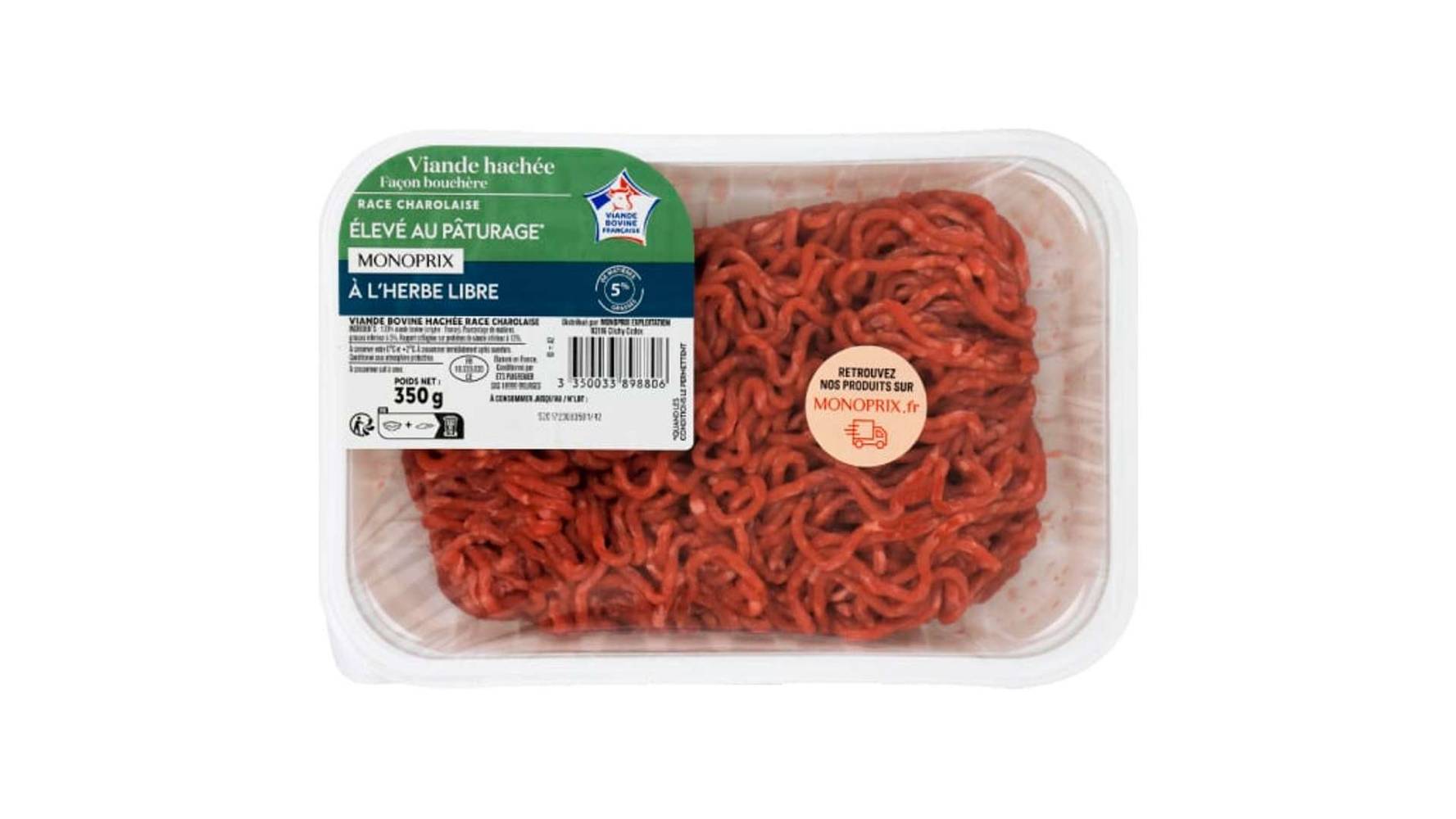 Monoprix Viande hachée de boeuf façon bouchère 5% mat. gr. La barquette de 350 g