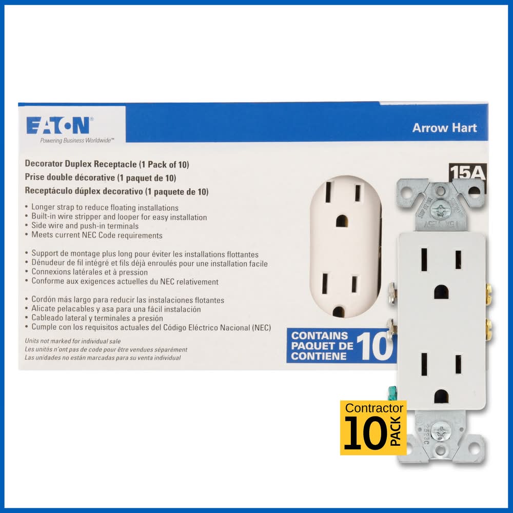 Eaton 15.0 -Amp 125-volt Residential Decorator Outlet Receptacles , White 10 -Pack