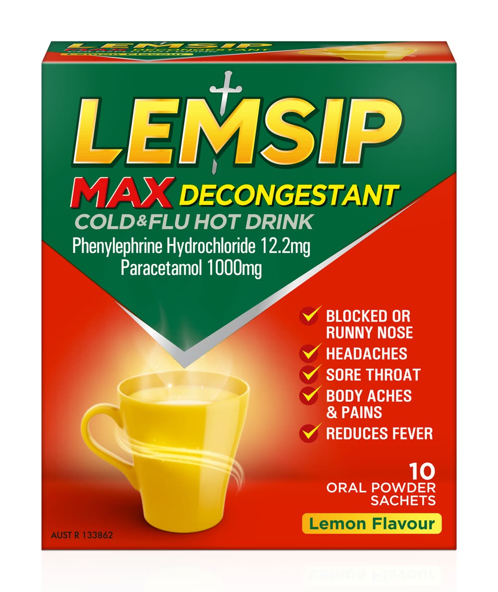 Lemsip Max Decongestant Cold & Flu Hot Drink Oral Powder Sachets, Lemon (89g, 10 pack)