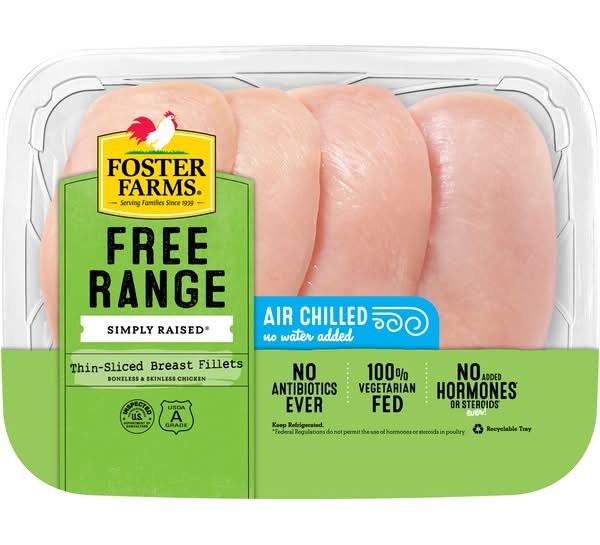 Foster Farms, Simply Raised Free Range Boneless And Skinless Thin Sliced Chicken Breasts