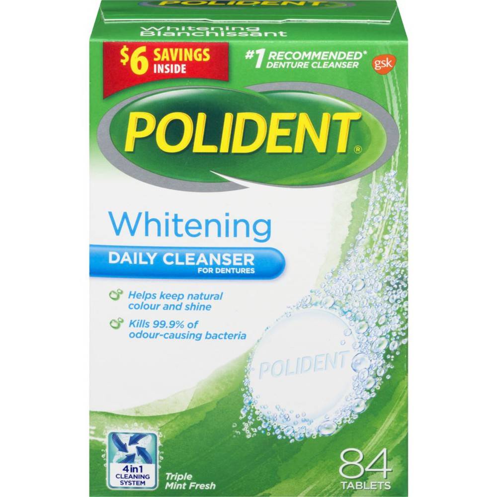 Polident nettoyant blanchissant pour prothèses dentaires en comprimés effervescents à saveur fraîcheur de menthe triple (84 un) - whitening denture cleanser (84 ea)