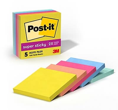 Post-it Super Sticky Notes, 3 x 3, Summer Joy Collection, 90 Sheets/Pad, 5 Pads/Pack (654-5SSJOY)