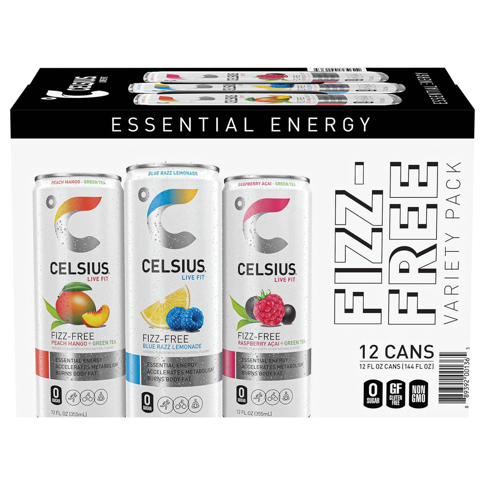 Celsius Fizz Free Variety pack Functional Essential Energy Drink, Peach Mango-Blue Razz Lemonade-Raspberry (12 x 12 fl oz)