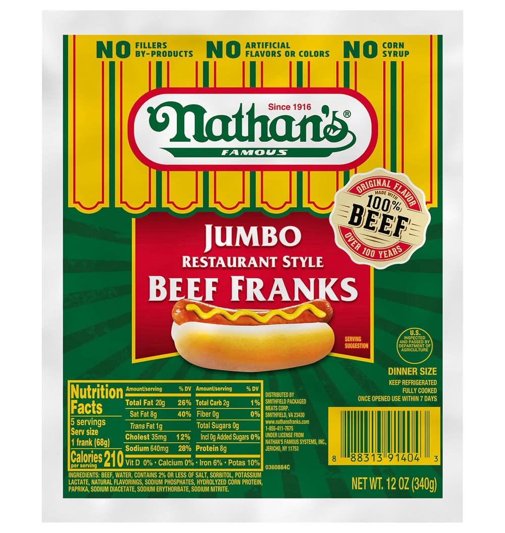 Nathan's Famous Restaurant Style Jumbo Dinner Size Beef Franks