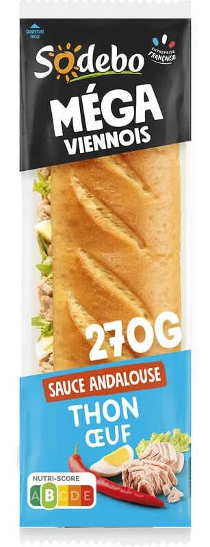 Sodebo - Sandwich baguette méga viennois au thon œuf et sauce andalouse (270g)