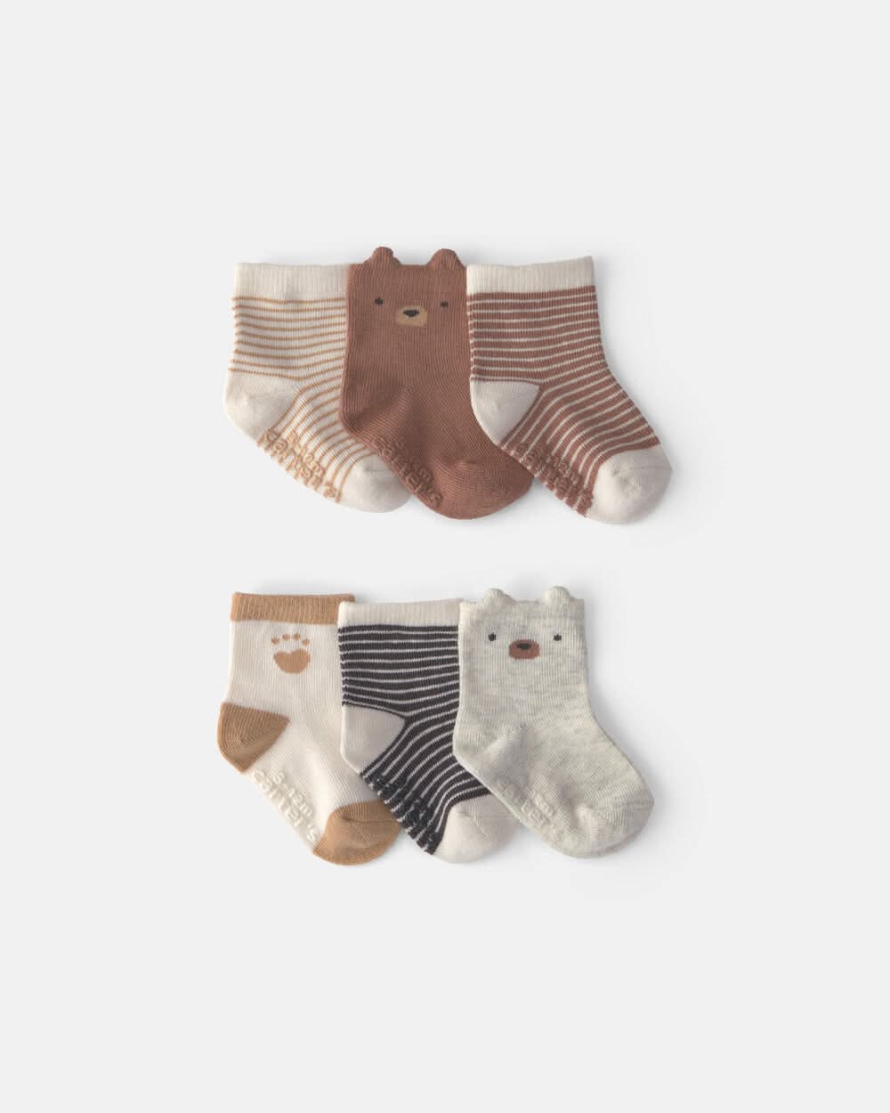 Baby Boy 6-Pack Bear Striped No Show Socks - Brown/Cream - Brown/White - 3-12M