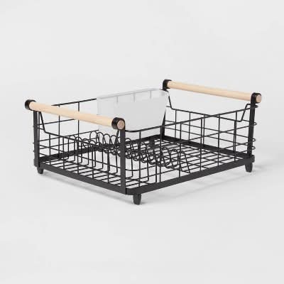 Brightroom Metal Dish Rack With Rubber Wood Handles, Black