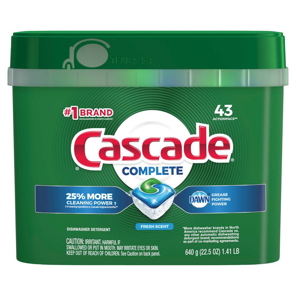 Cascade Complete Actionpacs Dishwasher Detergent, Fresh Scent, 43 Ct