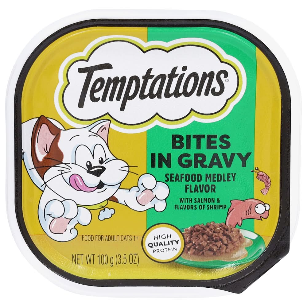 Temptations Bites in Gravy Food For Adult Cats, Seafood Medley (3.5 oz)