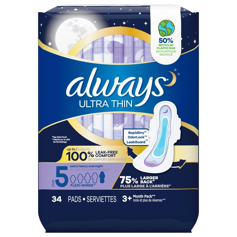 Always Ultra Thin Flexi-Wings Extra Heavy Overnight Pads, Size 5 (34 ct)