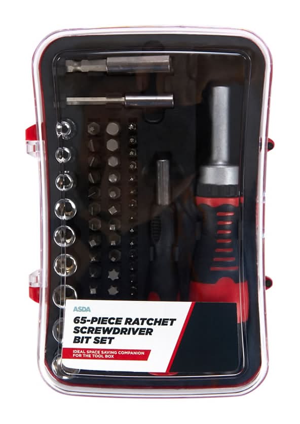 ASDA Black-Red-Silver, Ratchet Screwdriver Bit Set (65 pack)