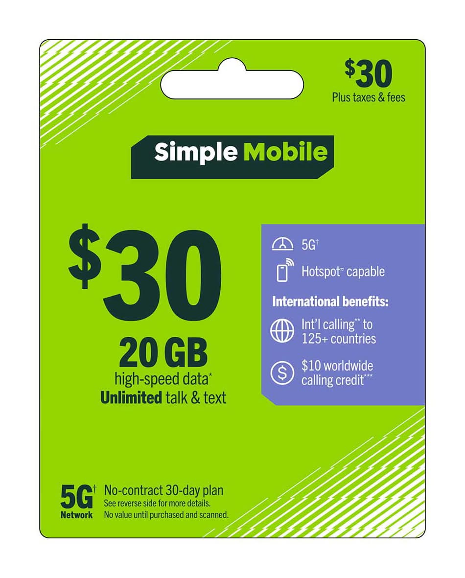 Simple Mobile Prepaid Plan + 20 Gb Data Including Hotspot & Int'l Calling