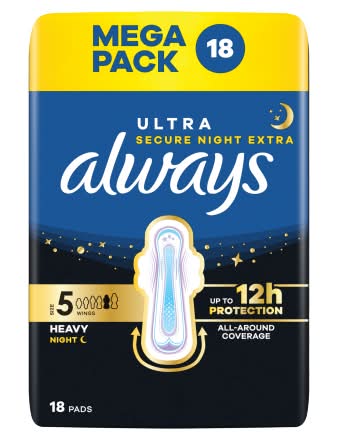 Always 5, Ultra Secure Night Extra Sanitary Pads Mega pack (18 pack)