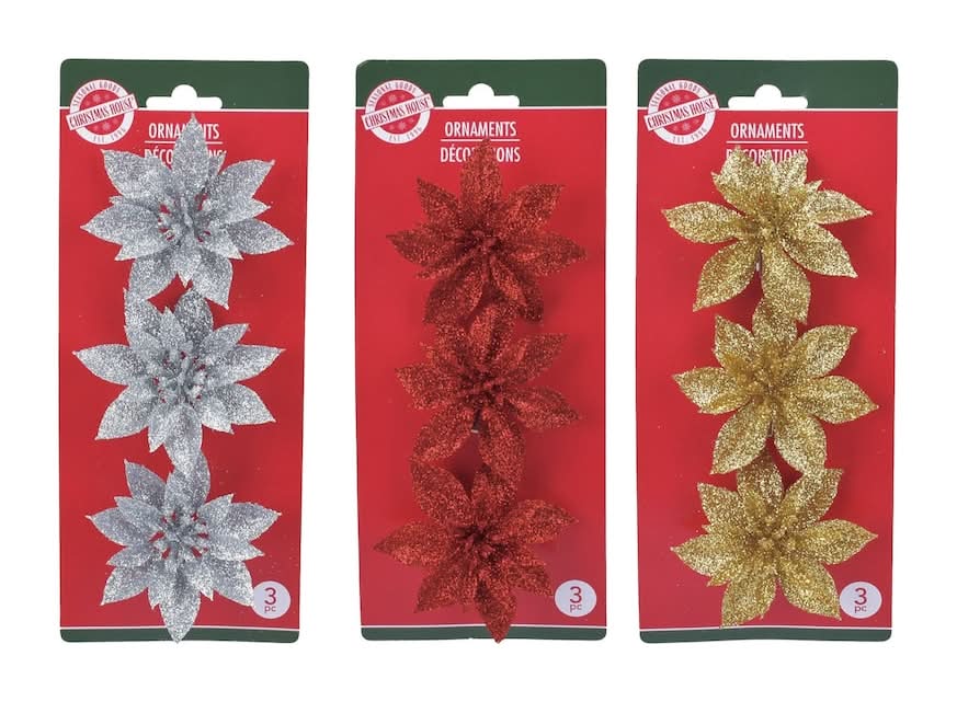 Christmas House Glitter Poinsettia Ornament Clips, Silver-Red-Gold (3 x 3 ct)