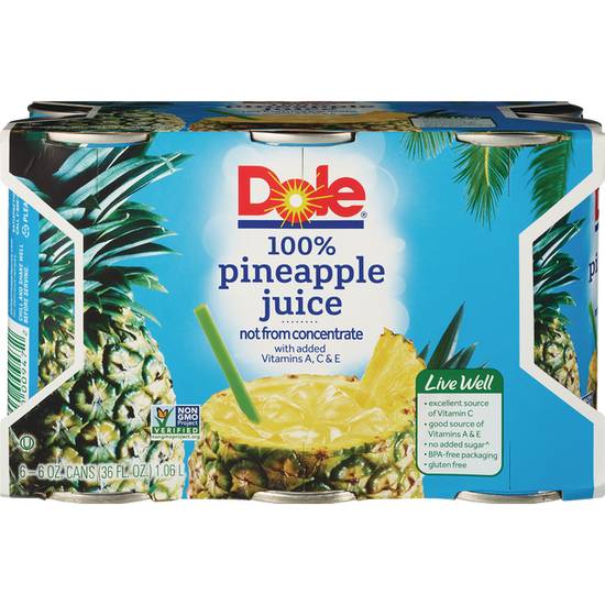 Dole Pineapple Juice 100% Not From Concentrate 6Pk-6oz Cans