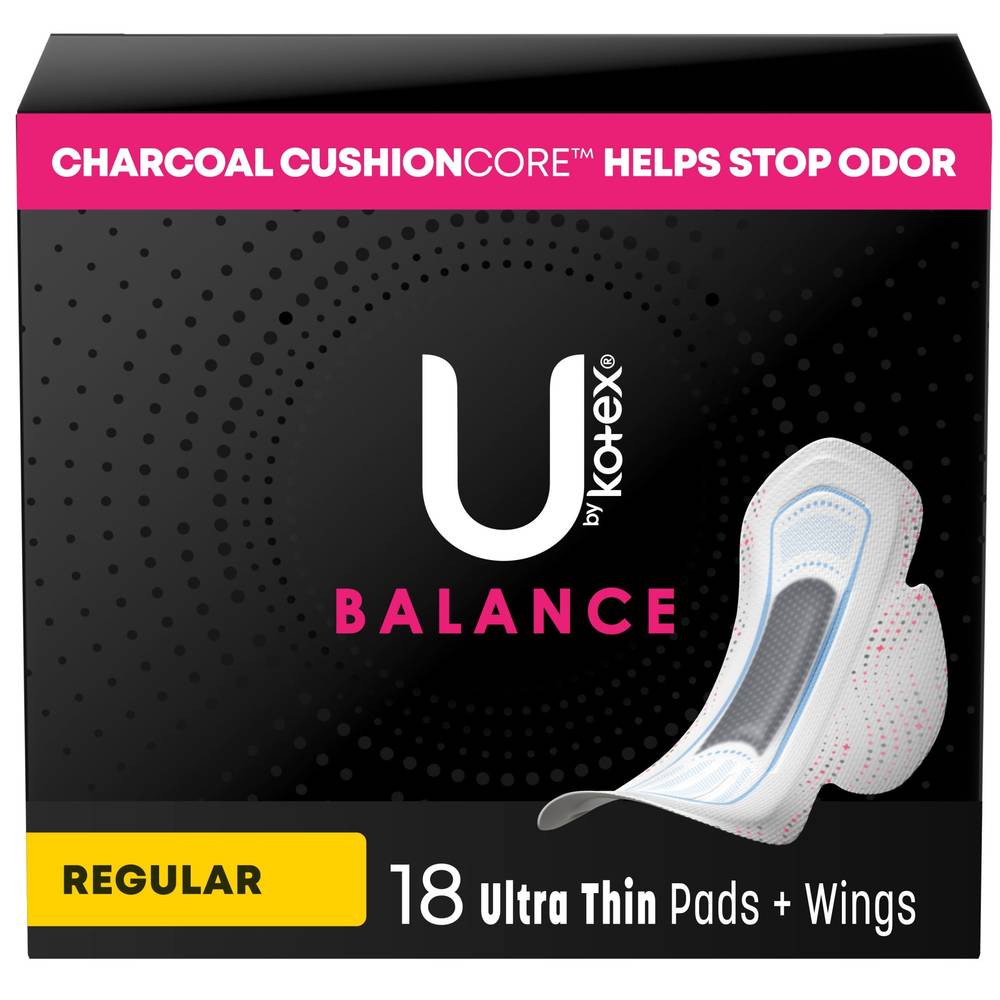 U By Kotex Cleanwear Ultra Thin Pads With Wings, Regular, Fragrance-Free, 18 Count