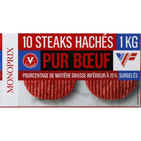 Monoprix Steaks Hachés Pur Boeuf 15% Mg, Surgelés La Barquette De 10, 1Kg