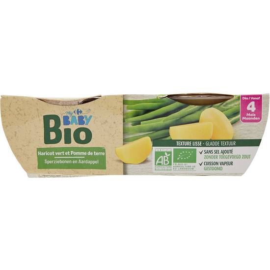 Carrefour Baby - Bio plat bébé au haricot vert et pomme de terre dès 4 mois (2 pièces)