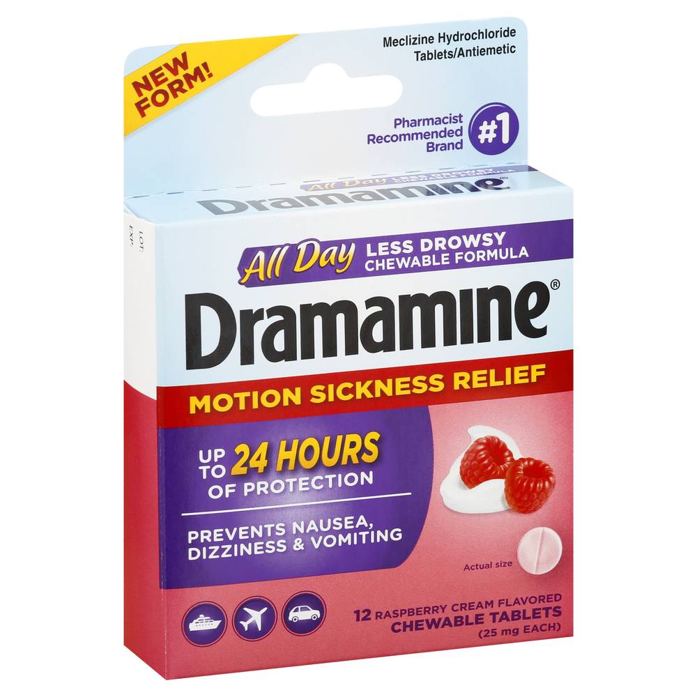 Dramamine Chewable Tablets Raspberry Cream Motion Sickness Relief (12 ct)